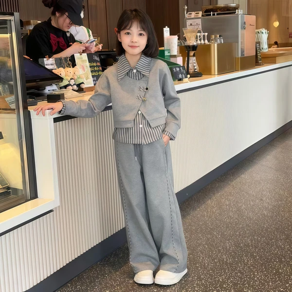 女童拼接条纹衬衫假三件套装2025春秋中大童休闲时尚韩版套装