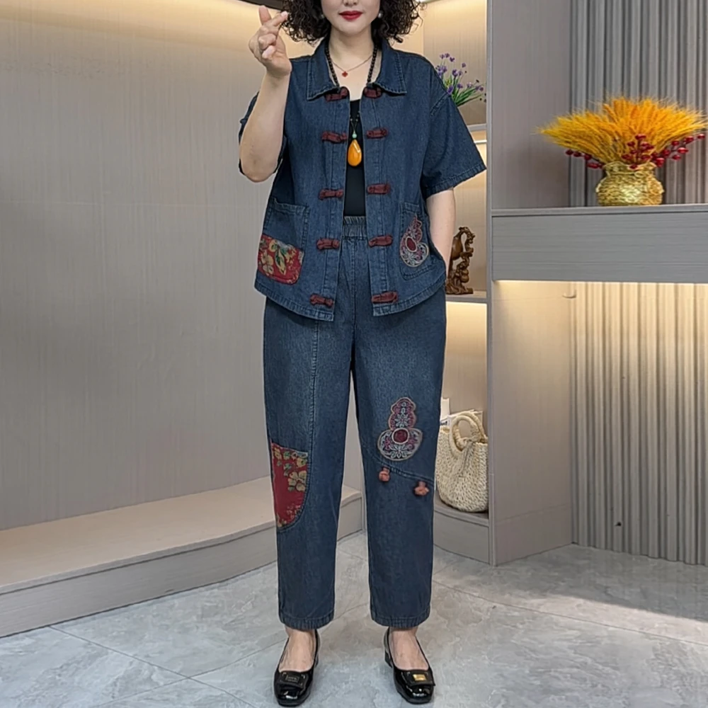 2025新款夏季开衫盘扣水洗牛仔棉休闲宽松两件套刺绣妈妈装K-8823