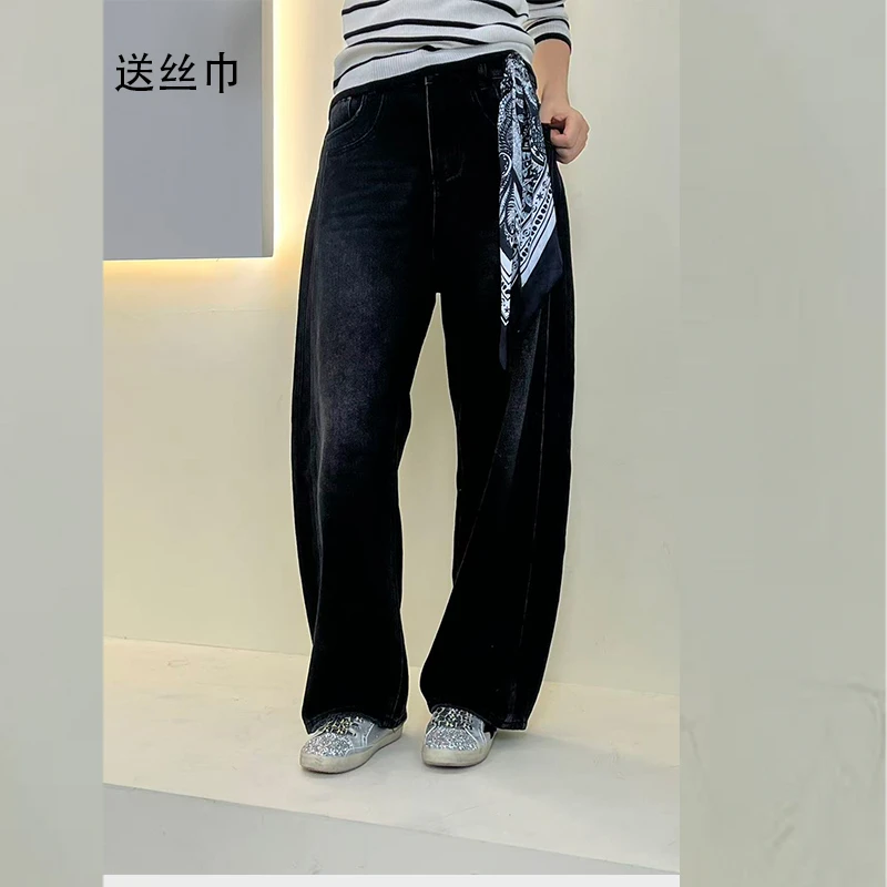 JINMING2025阔腿裤女高腰冬季水洗复合加绒宽松休闲软牛仔裤0S-Y8