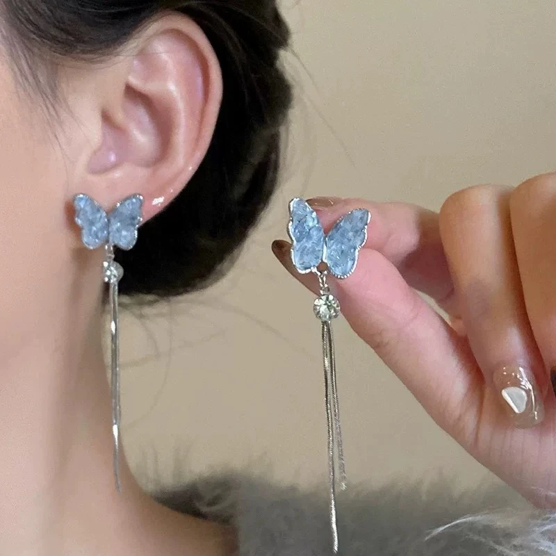 合金锆石耳饰 气质蓝色轻奢时尚小众长款超仙设计感1625