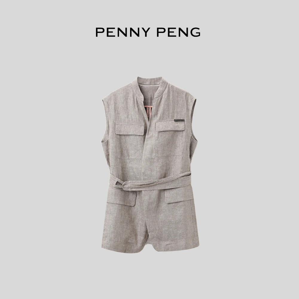 PENNYPENG曼城往事夏季新款咖色气质独特洋气小众轻奢亚麻马甲