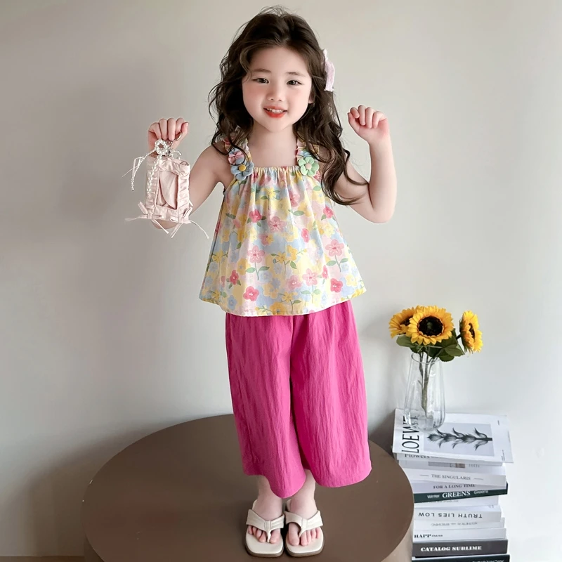 女童夏季碎花吊带套装洋气小女孩时髦女宝宝背心阔腿裤两件套时髦