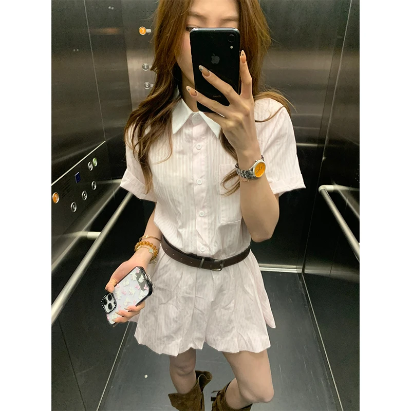 连衣裙夏季女白色学院风条纹短袖衬衫简约气质收腰花苞a字短裙