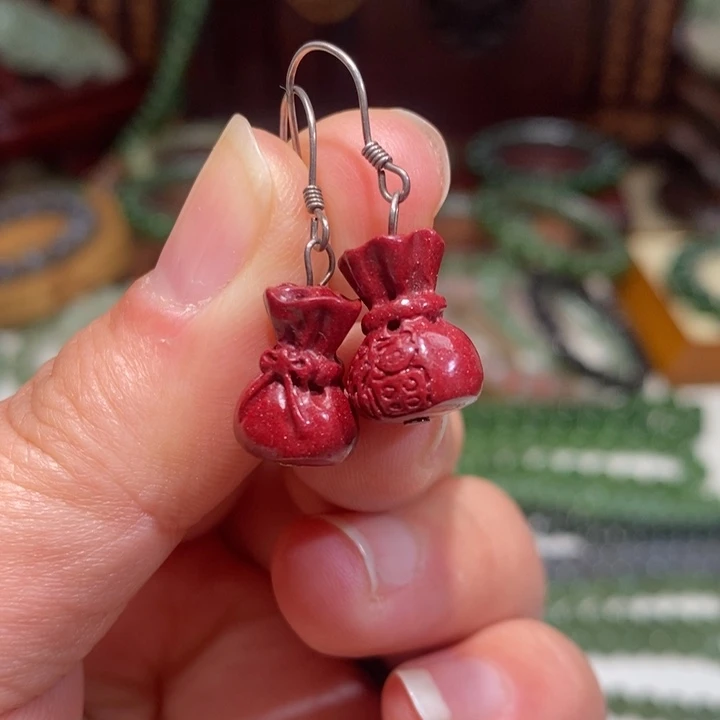 天然辰砂朱砂耳环