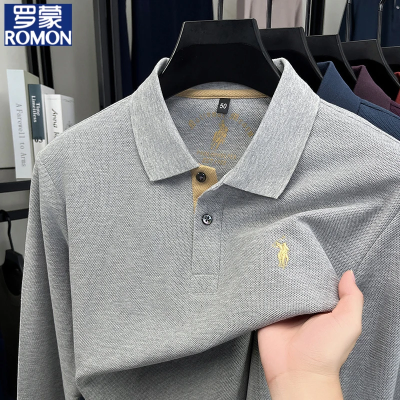 罗蒙100纯棉男士POLO衫长袖t恤上衣服中年爸爸装翻领秋衣春秋季