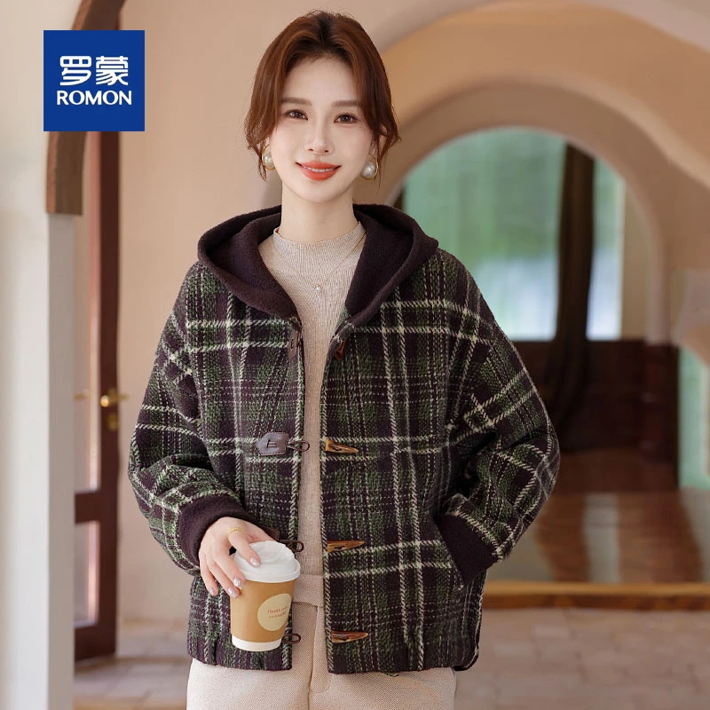 罗蒙双面毛呢外套女春秋季新款中老年女装短款格子连帽外搭上衣服