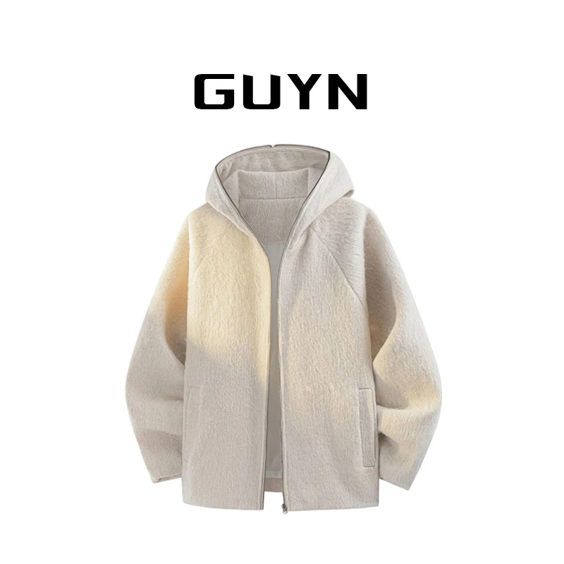 【品牌现货】GUYN美式复古粗纺仿羊绒外套秋冬季加绒保暖卫衣男士