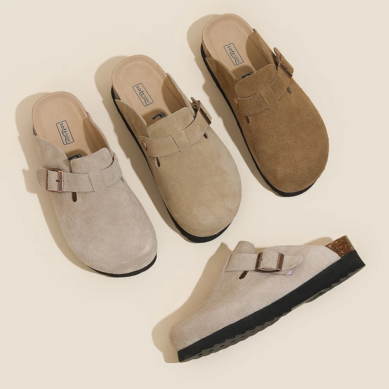 厚底勃肯鞋牛皮真皮软底鞋防滑复古室外半包拖鞋男女同款平底