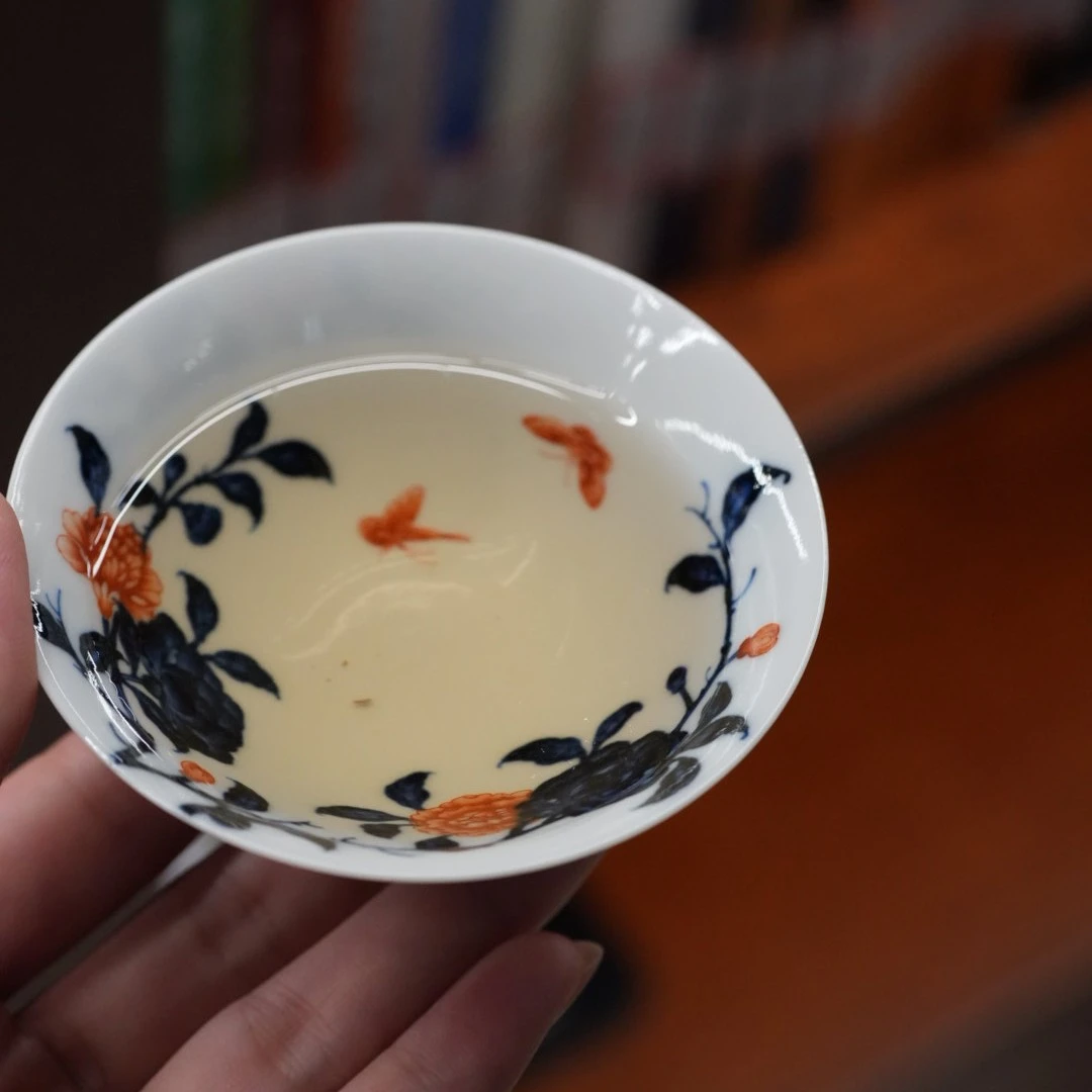 【品遗敬仁】洪印慕明青花矾红石榴花撇口杯80cc 口径8.7 高3.6cm