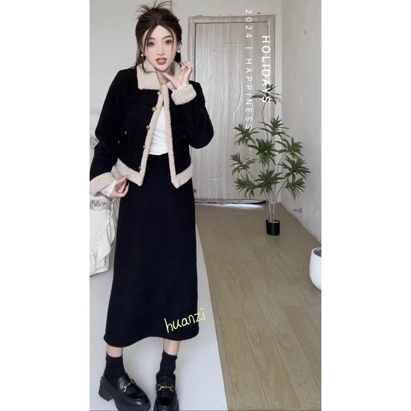 【两件套】小香风2025冬季加绒显瘦新款网红套装 B2422