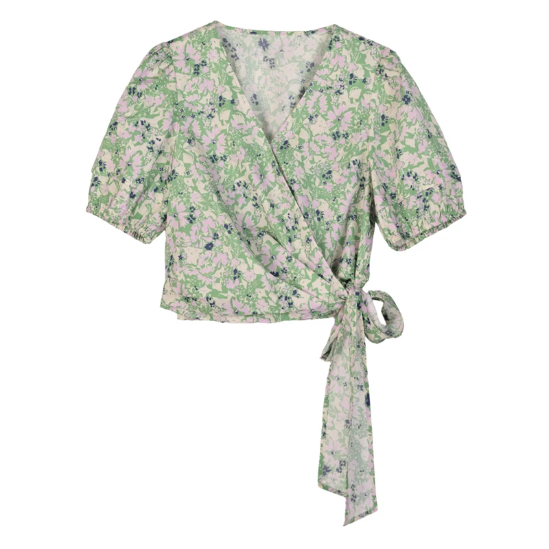 【尚雅】夏季衬衫女印花短款显瘦绑带上衣25C1032