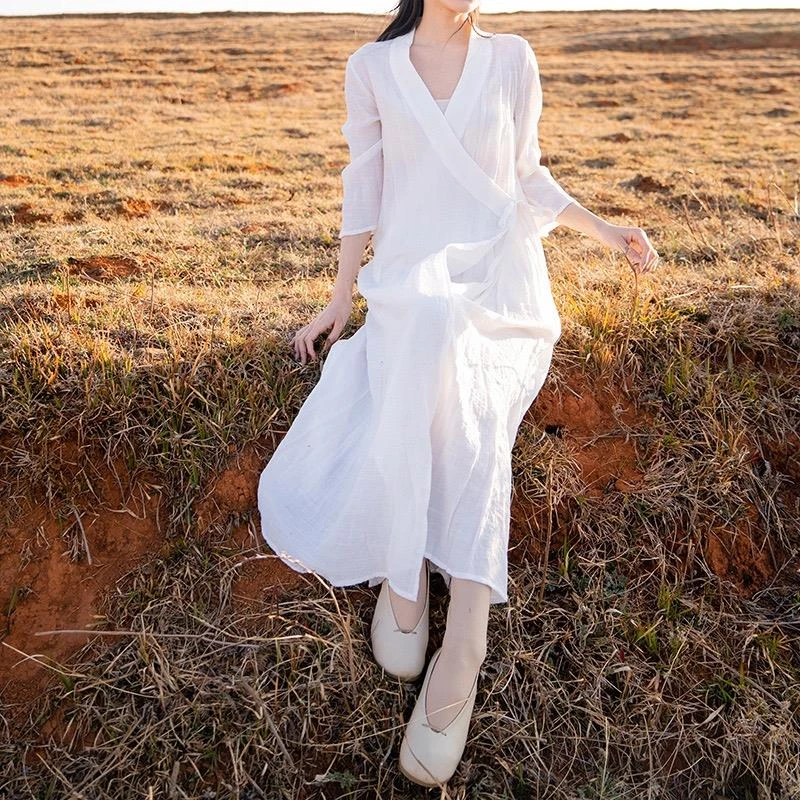 清仓捡漏~新中式斜襟系带白色开衫上衣女国风禅意茶服阔腿裤套装