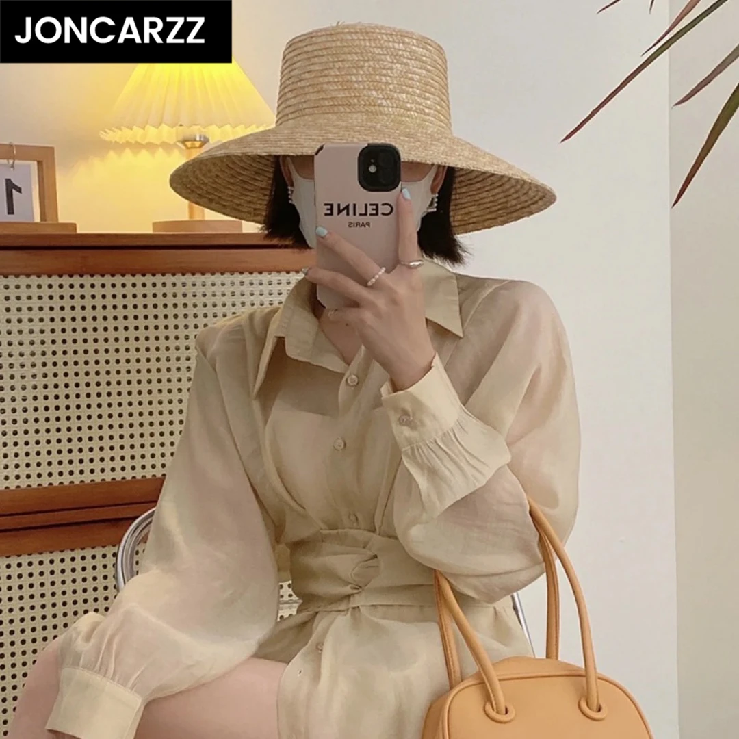 JONCARZZ大帽檐编织草帽女夏度假沙滩遮阳防晒帽子法式平顶草编帽