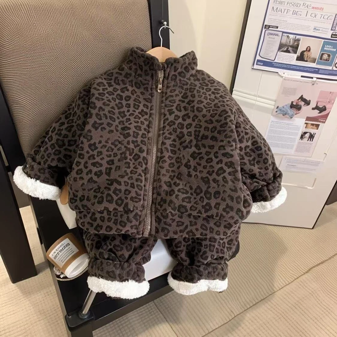 男女童冬季加绒套装洋气男女宝宝保暖加厚高领外套裤子棉服两件套