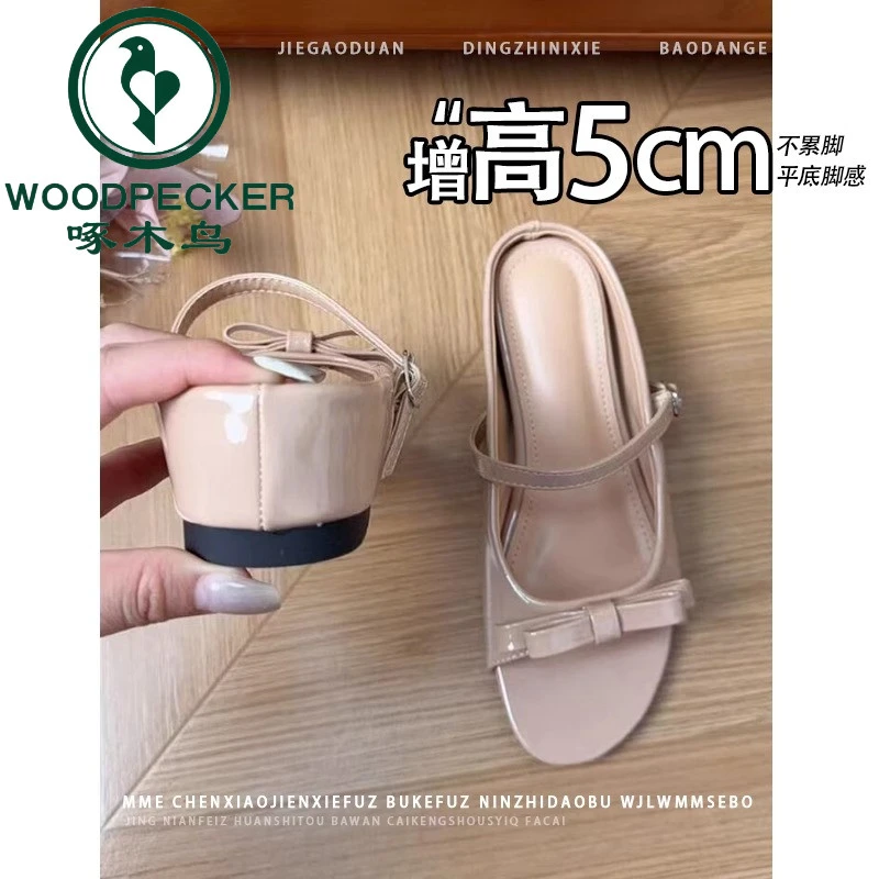 啄木鸟内增高5CM法式蝴蝶结半拖鞋2025夏新款外穿一脚蹬凉鞋女