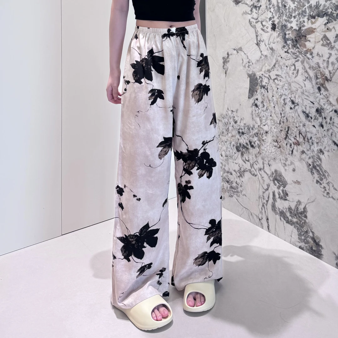 【复古文艺】2025新款女士棉绸裤子大码阔腿裤图案家居裤宽松可外穿
