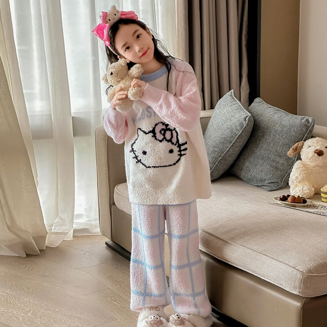 儿童睡衣女孩冬季2025新款女大童半边绒家居服女童秋冬珊瑚绒套装