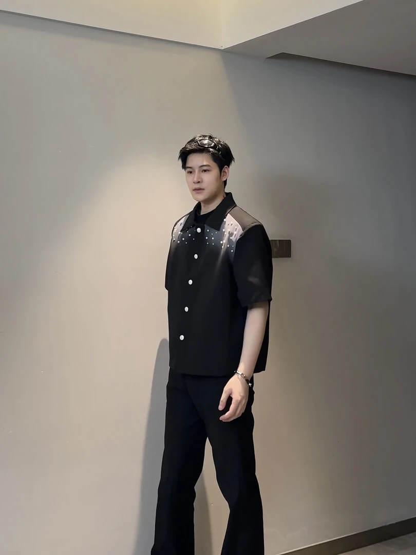 【及时雨东】夏季新款渐变珍珠垫肩西服短袖夹克男女