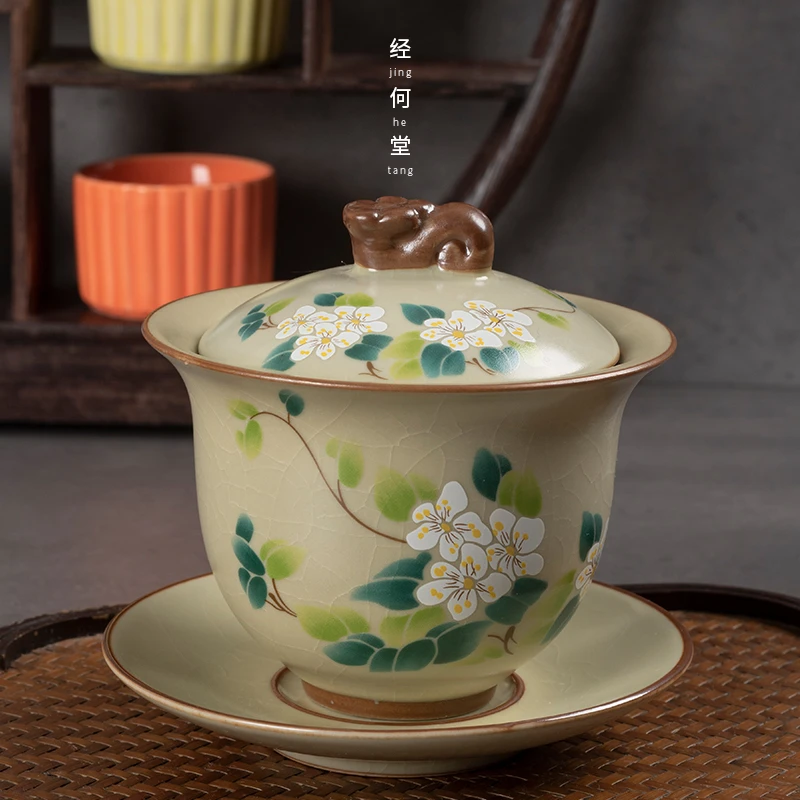 汝窑山茶花三才悬停盖碗盖碗茶茶具陶瓷家用可养110开片功夫