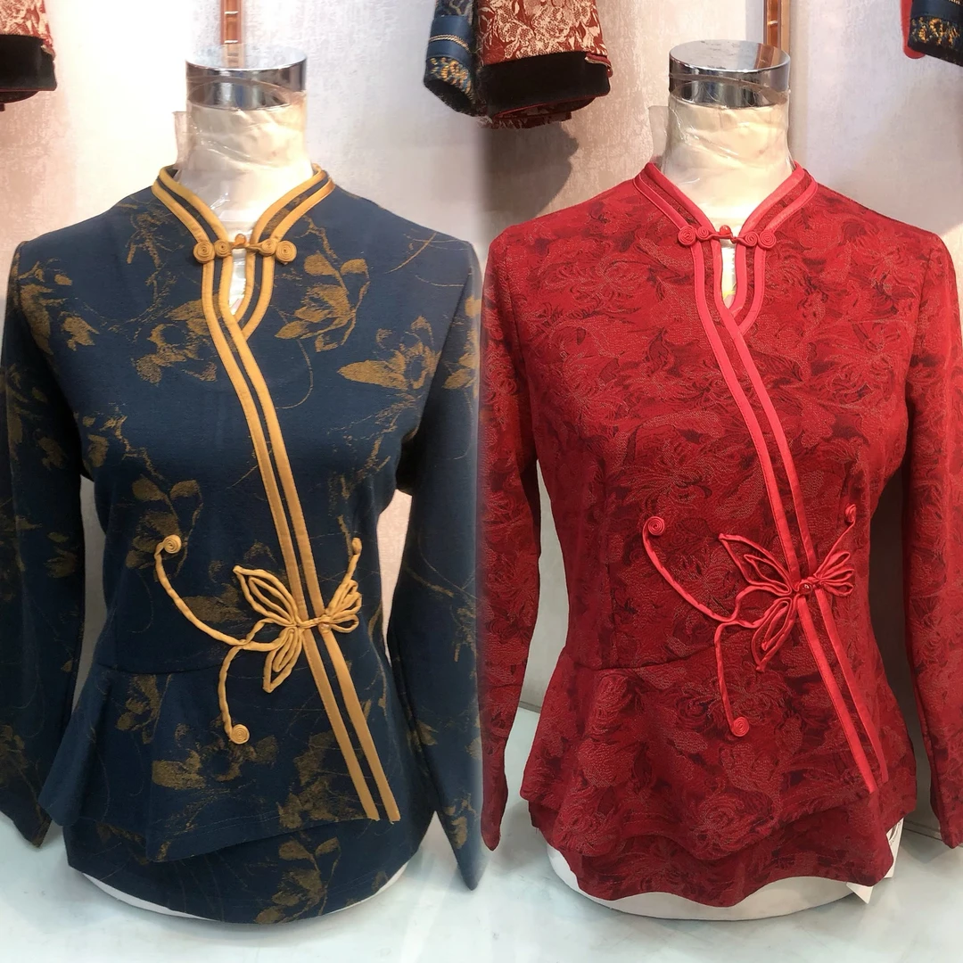 新款水滴领蝴蝶扣高弹力旗袍上衣