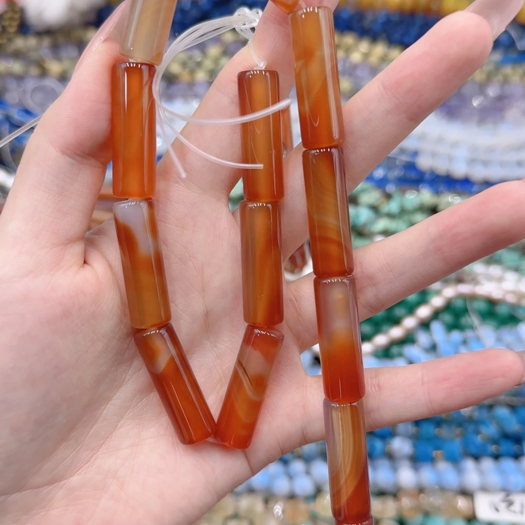 玛瑙/玉髓未镶嵌珠宝半成品红玛瑙管珠一条10×30