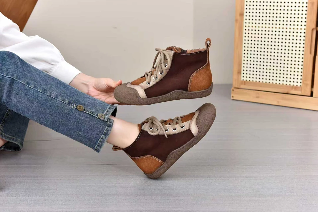 郡主家5517复古拼色靴系带高帮女圆头秋季短靴平底英伦风女皮靴