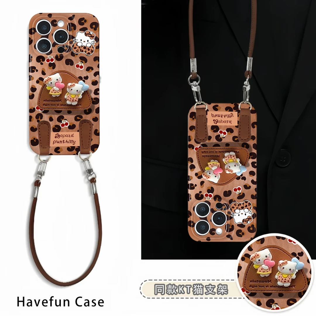 复古豹纹KT猫支架适用iPhone苹果16手机壳华为P70vivo小米15oppo