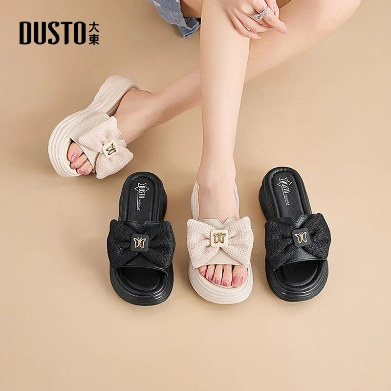 大东女鞋2025夏季百搭时尚凉鞋少女甜美休闲外穿蝴蝶结一字拖0239
