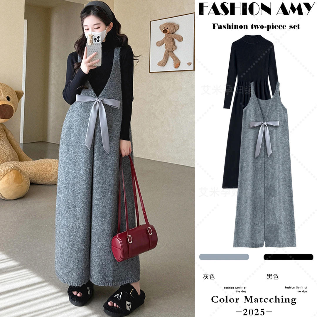 孕妇套装秋冬新款时尚韩版洋气蝴蝶结毛衣马甲显瘦内搭针织连衣裙