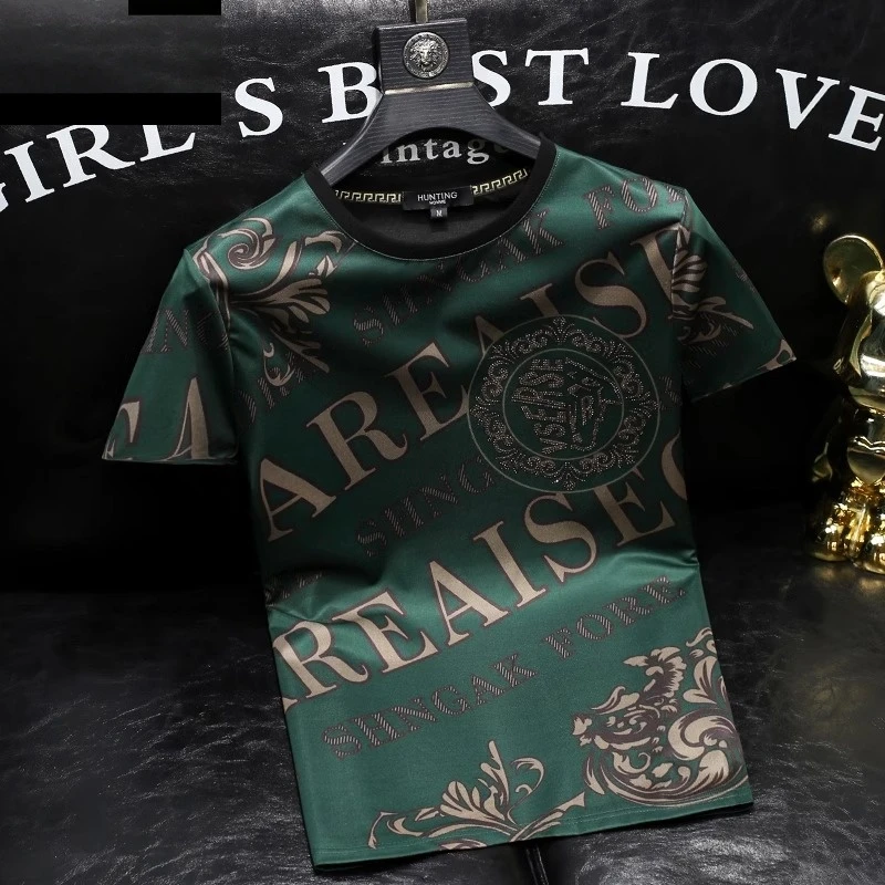 潮流圆领烫钻短袖T恤男士青年修身丝光棉薄款夏季透气高端半袖t