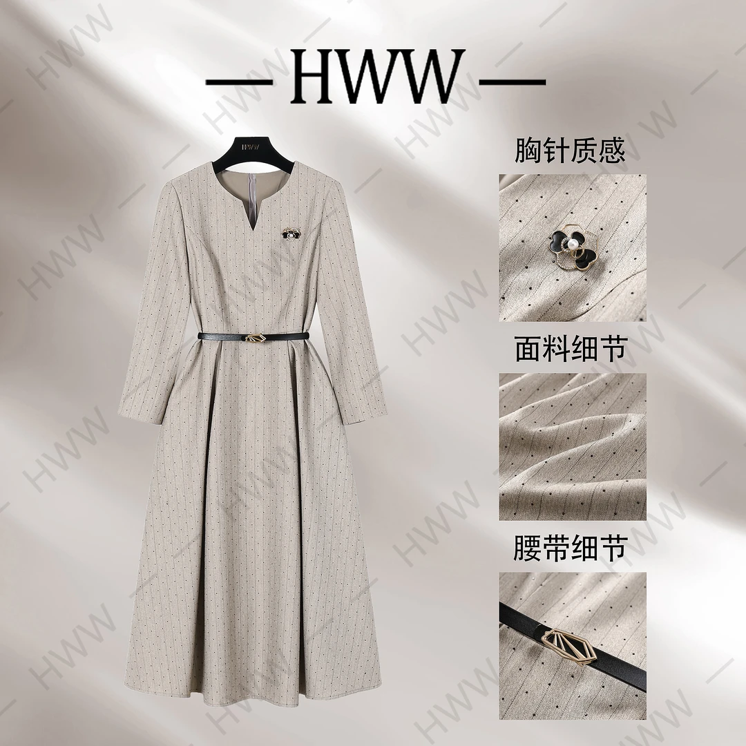 【赫尔温】设计款烫钻燕麦色时尚收腰显瘦连衣裙DHZFF50251