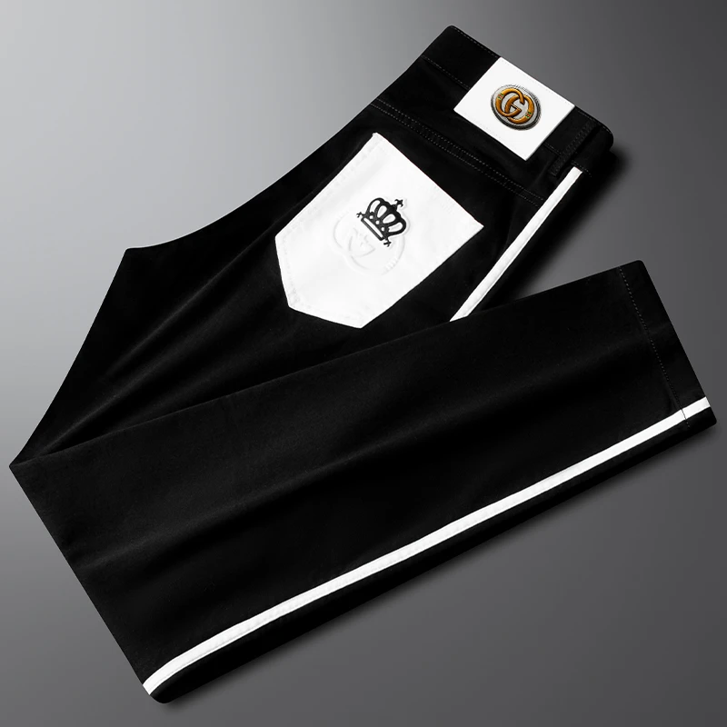 高端时尚夏季薄款莱赛尔牛仔裤男款修身小直筒刺绣商务撞色休闲裤