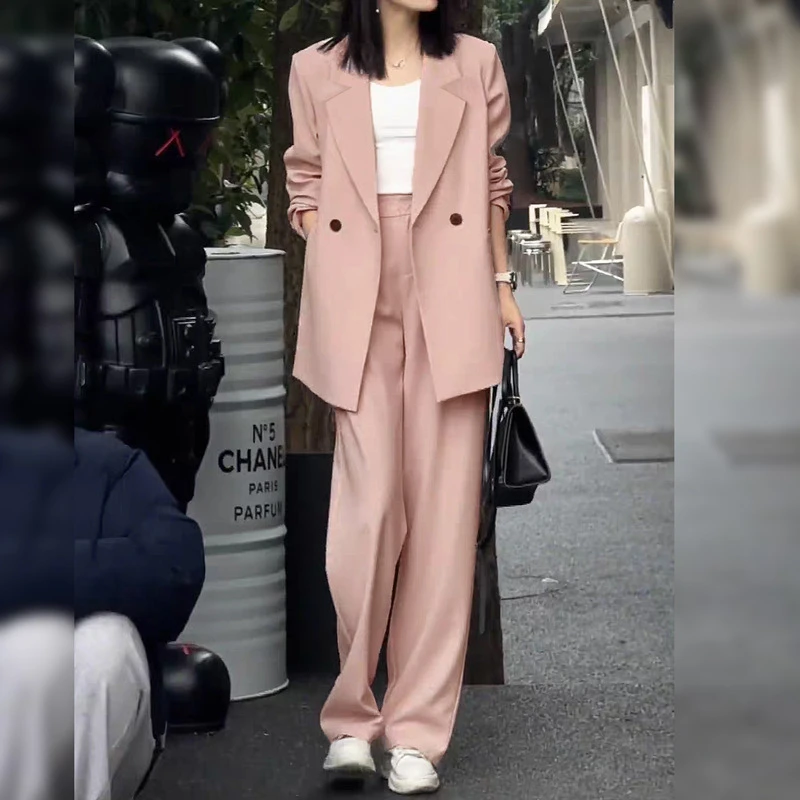 大码女装西装阔腿裤两件套春秋胖mm休闲宽松粉色气质西服西裤套装