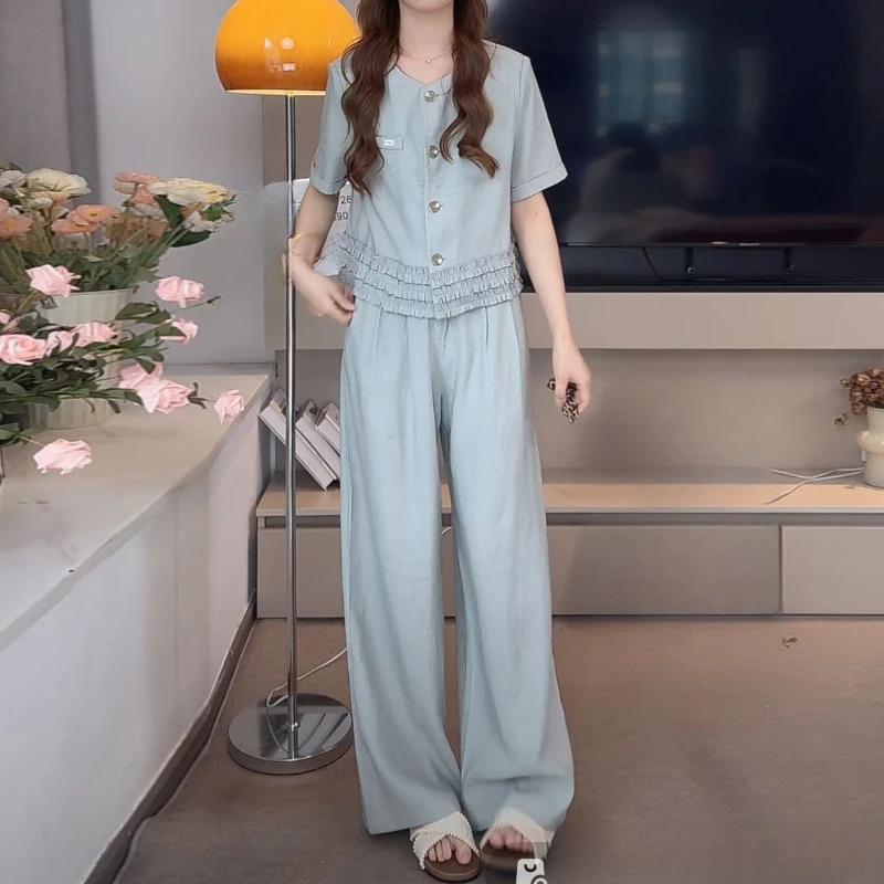 高级感木耳边女夏季穿搭一整套减龄马甲阔腿裤两件套