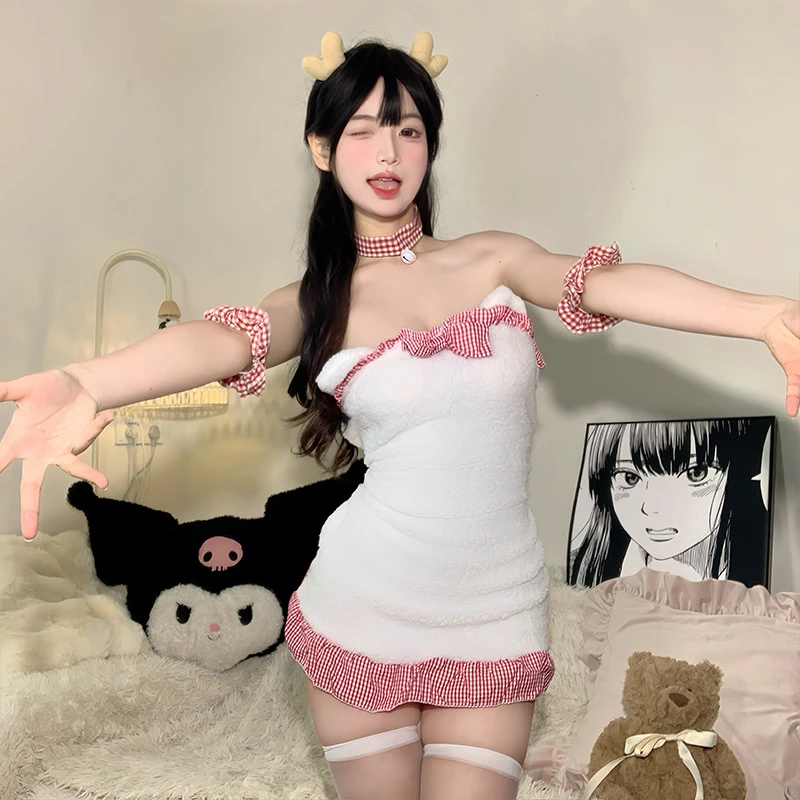 性感睡衣可爱小熊睡裙套装毛绒圣诞露背夜店包臀裙