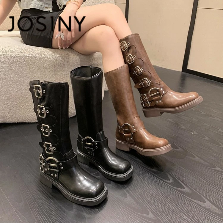 卓诗尼2025新款爆款马丁靴女不过膝长筒靴西部靴子骑士时装靴厚底