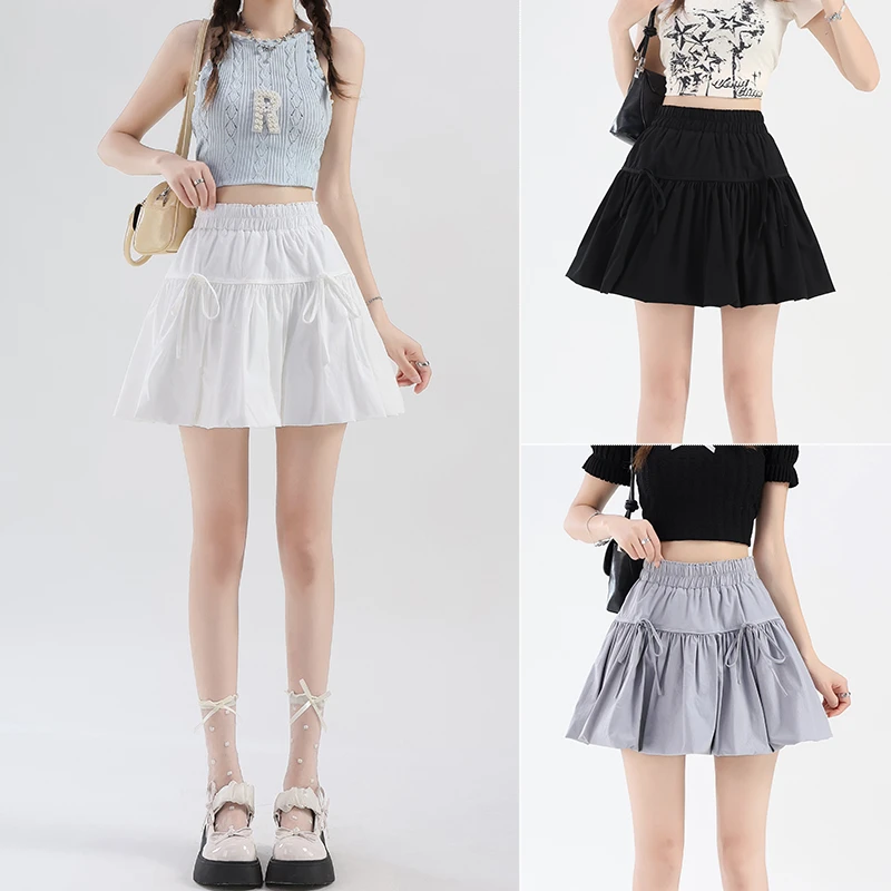 黑色蝴蝶结系带短裙女爆款高腰百褶裙半身裙显瘦百搭A字防走光