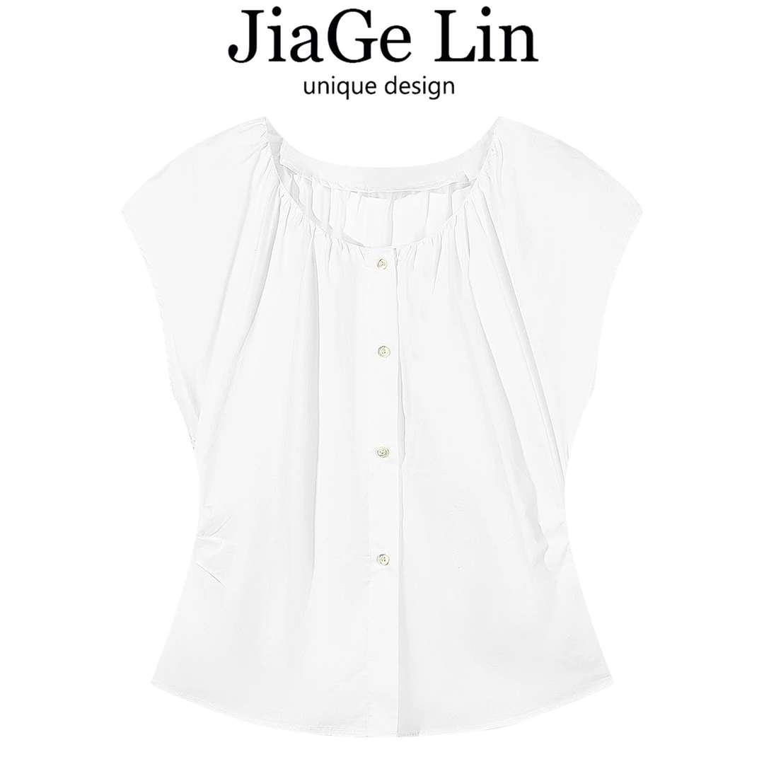 JiaGeLin韩系设计感收腰圆领无袖衬衫女夏季时尚气质简约百搭上衣