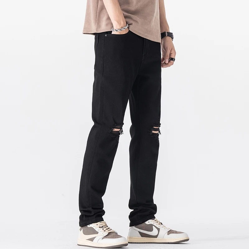 2025春夏季新款破洞牛仔裤男黑色弹力宽松潮牌直筒休闲百搭长裤子