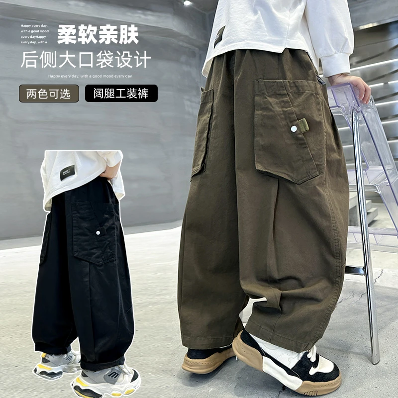 男童裤子2025秋季新款中大童春秋休闲裤工装裤咖绿色宽松纯棉长裤