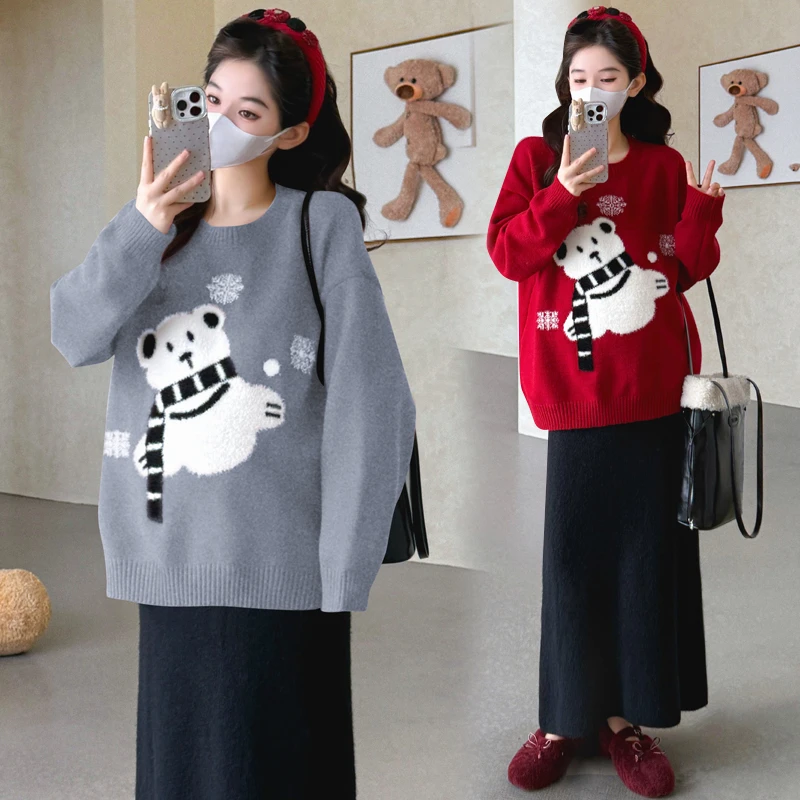【优质款】孕妇装韩版时尚减龄雪人红色套头毛衣圣诞跨年针织衫上衣