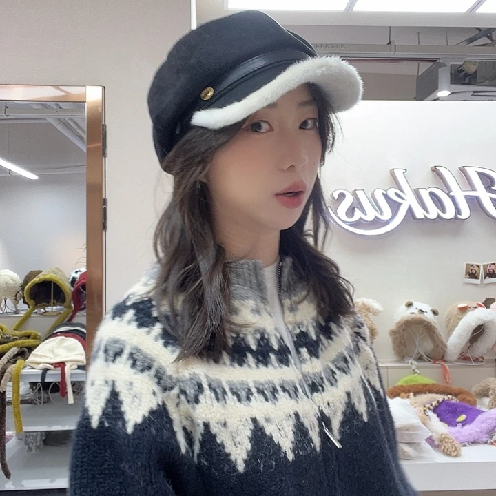 皮质铁合金黑色贝雷帽