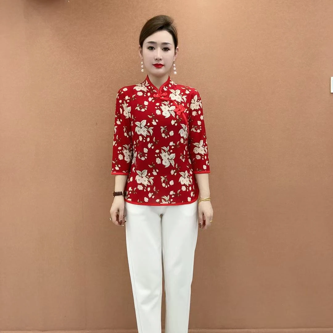 时尚小花上衣春夏新款中袖女士立领小衫