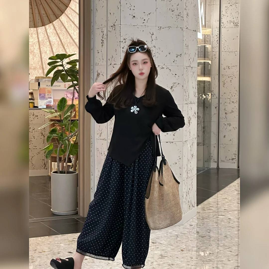 楠序【秋日慢】魏魏微胖女装早秋新显瘦上衣百搭波点裤套装NX13728