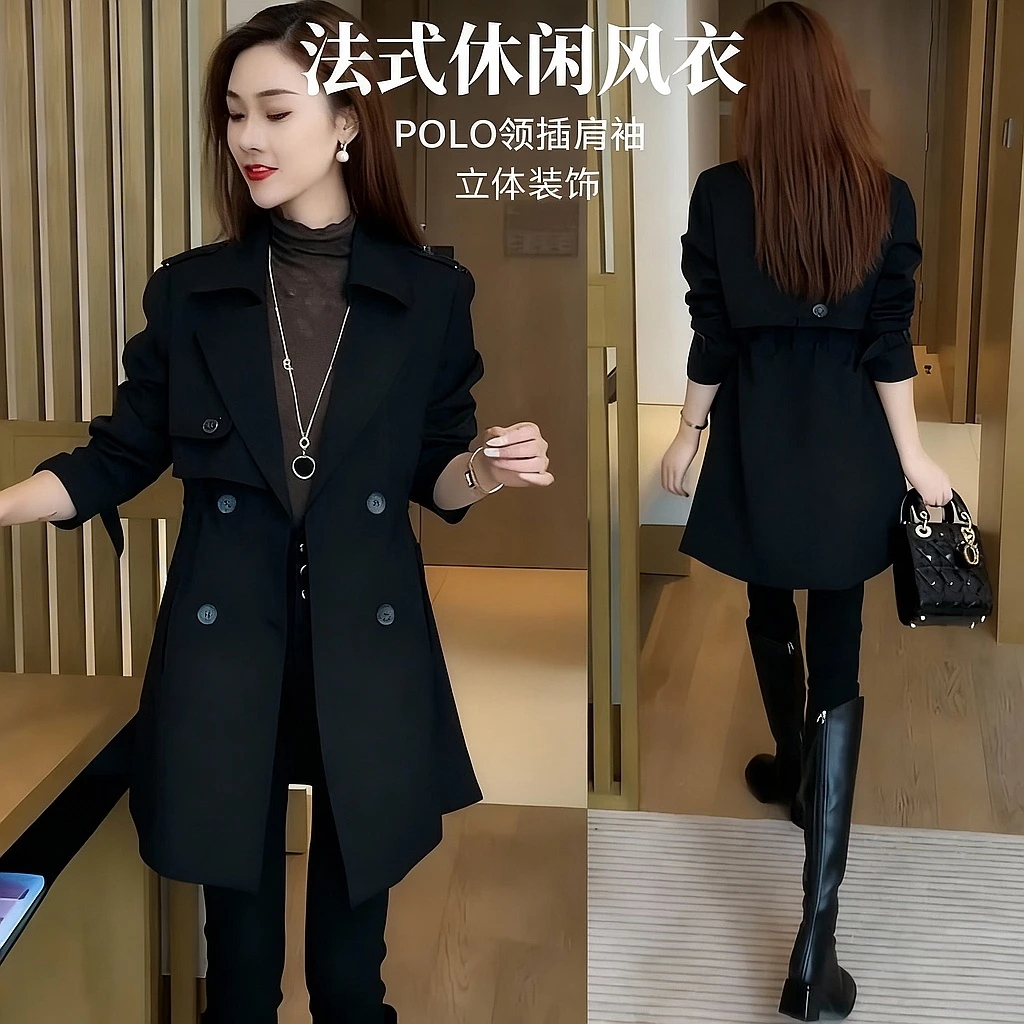 拉夏贝尔休闲风衣女中长款春秋新款洋气小个子百搭宽松显瘦外套