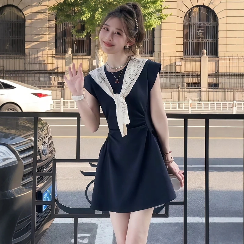 韩系高级感褶皱飞飞袖连衣裙女2025新款夏季修身显瘦休闲a字短裙