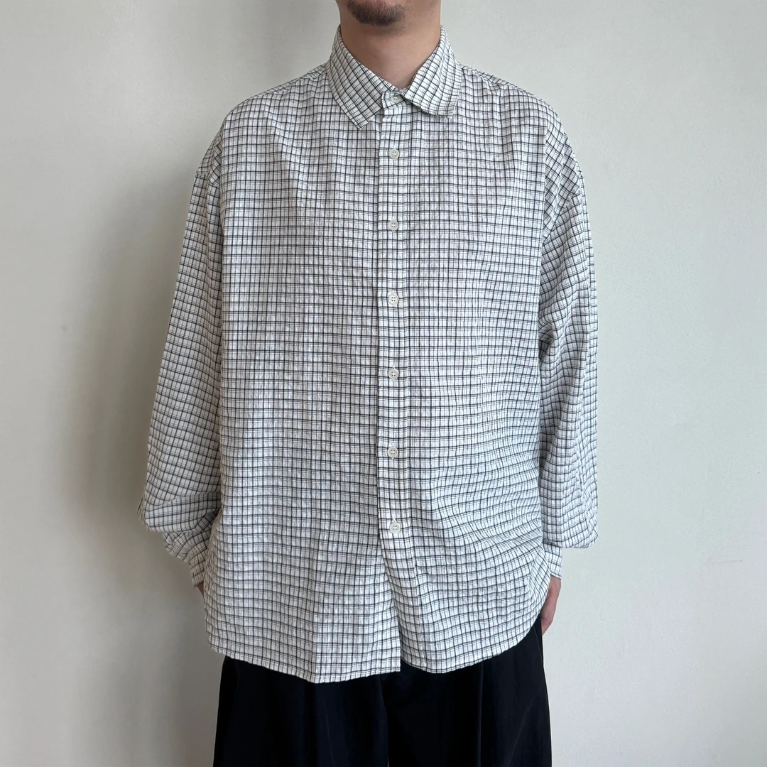 Anniehall25fw 泡泡棉混纺质感boxy裁剪廓形格子长袖衬衫