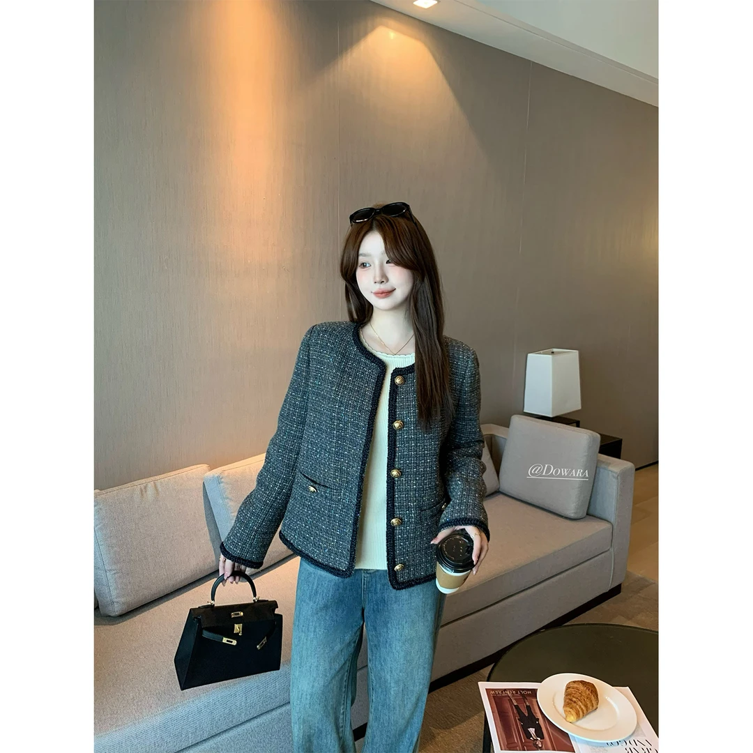 大婉酱微胖定制韩系灰色小香风短外套秋冬气质显瘦正肩上衣 5813D