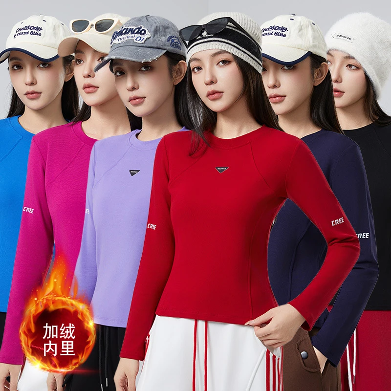 秋冬新款胸前三角标高弹力修身长袖套头加绒螺纹棉打底衫上衣-YM