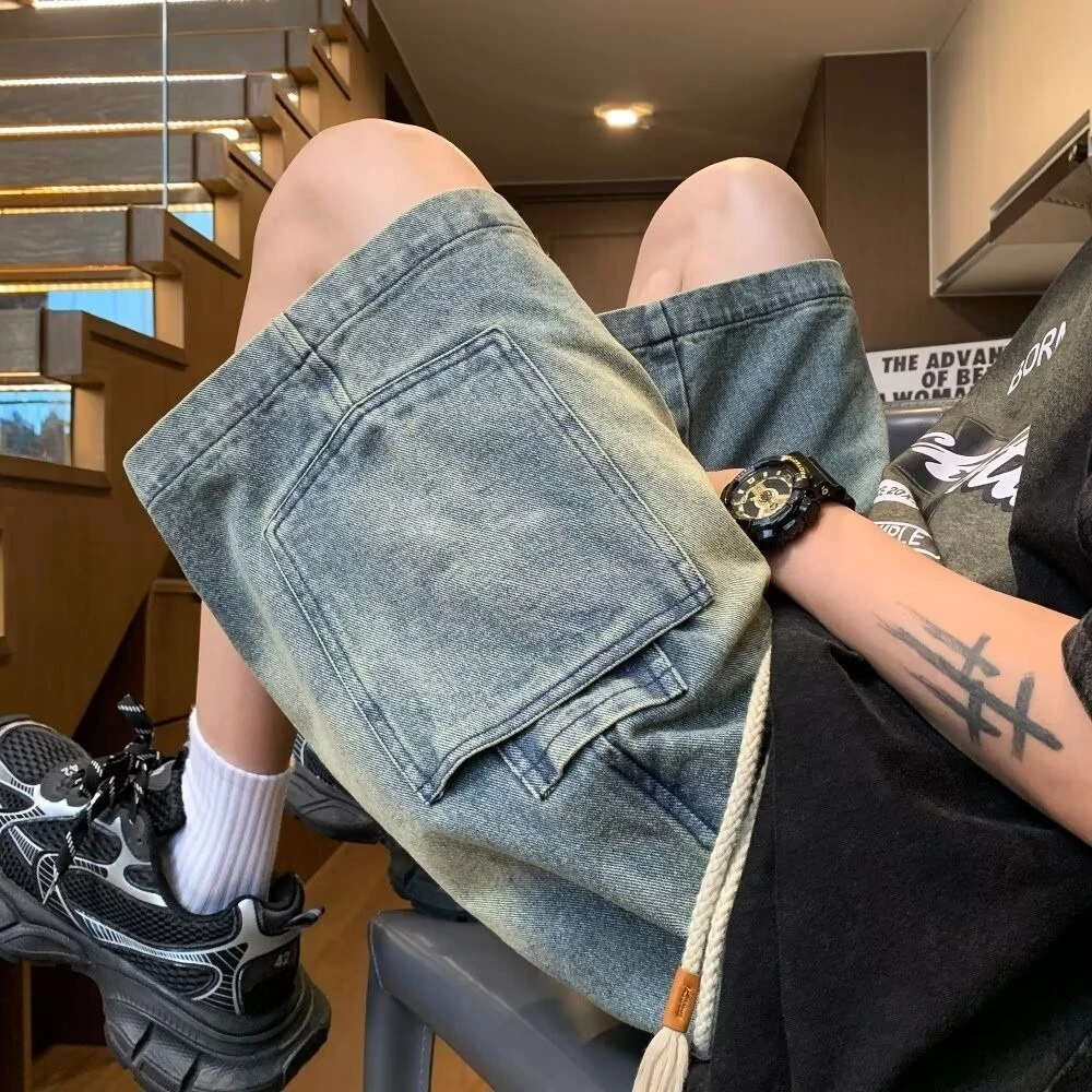大口袋工装牛仔短裤男夏季薄款美式复古五分裤潮牌直筒宽松阔腿裤